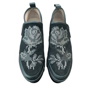 DONALD J PLINER Size 9.5M Black Silver Rose Beaded Leather Slip On Loafers Women